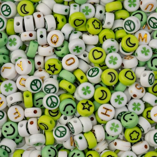 495pcs John Bead 7mm Assorted Green Round Acrylic Alphabet Beads for DIY Craft Jewelry Bracelet Necklace Making - color: Green