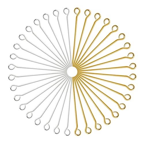 TOAOB 200pcs Eye Pins for Jewelry Making 30mm Gold Silver Brass Open Head Pins Findings for DIY Crafts Necklaces Bracelets Earrings - size: 30mm