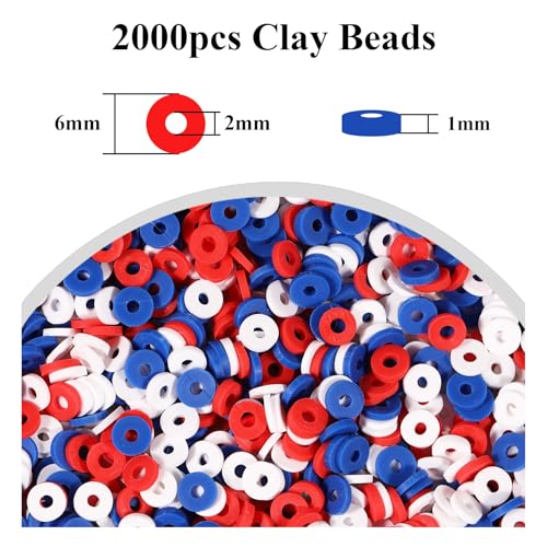 2000pcs Three Colors Clay Beads 6mm for Bracelets Making Flat Round Polymer Clay Bead Heishi Beads for Jewelry Making Earring Bracelets Necklace - color: White Dark red Royal blue