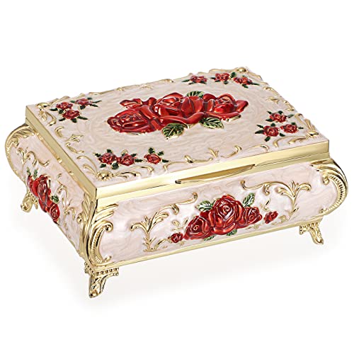 Hipiwe Metal Decorative Jewelry Box Vintage Treasure Chest Case Ornate Trinket Organizer Earrings Necklace Bracelet Storage Box Ring Holder Keepsake Box for Women - color: Beige, size: Medium