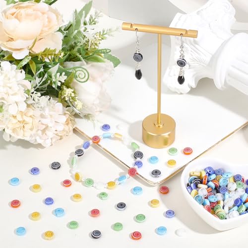 1 Box 180PCS 8MM Lampwork Glass Beads with Hole Handmade Flat Round Spiral Millefiori Mosaic Stripe Colorful Loose Spacer Bead Bulk for Jewelry Making Earrings Bracelets Necklace DIY Craft