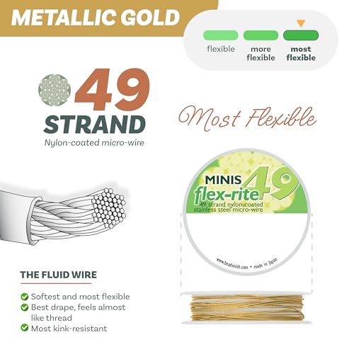 The Beadsmith Flex-Rite Beading Wire - 49-Strand Nylon-Coated Stainless-Steel Wire, 0.018" (0.45 mm) Dia, Metallic Gold, 10 ft Spool, Durable Necklace & Bracelet String, for Jewelry Making Supplies - color: Metallic Gold, size: .018” Dia - 10 Ft