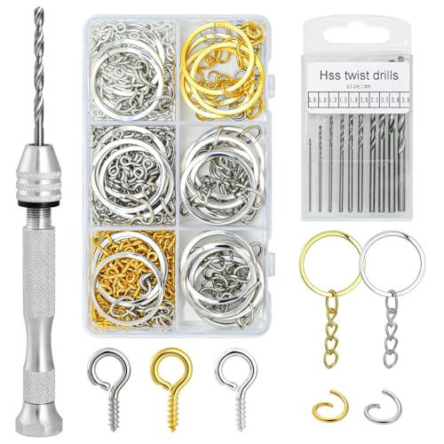 SONGIN Pin Vise Hand Drill Set, 670 Pcs Steel Manual Hand Drill Kit with 10 Pcs Drill Bits, Small Screw Eye Hooks, Keychain Rings for Jewelry Keychain Making and Crafts