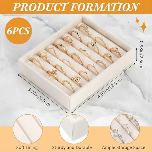 6 Pcs Small Jewelry Tray-ring Organizer Velvet Rings Earring Display Tray Mini Storage Insert Holder 7 Slots for Drawer(Beige) - color: Beige