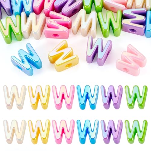 Beadthoven 20pcs Big Letter W Beads Large Hole Bubble Alphabet Acrylic Beads Charm Iridescent Plastic W Shape Loose Chunky Spacers for Jewelry Making Bracelet Necklace Keychains Shoelaces Crafts - color: W