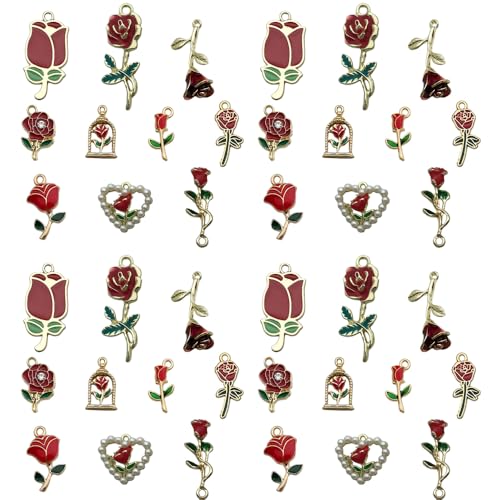 Sailanzi 20pcs Alloy enamel Valentine's Day series rose set Pendant Jewelry Making DIY Keychain Earrings Pendant Various Design Charms for Jewelry Making Bracelets Necklace (SN785) - color: SN785