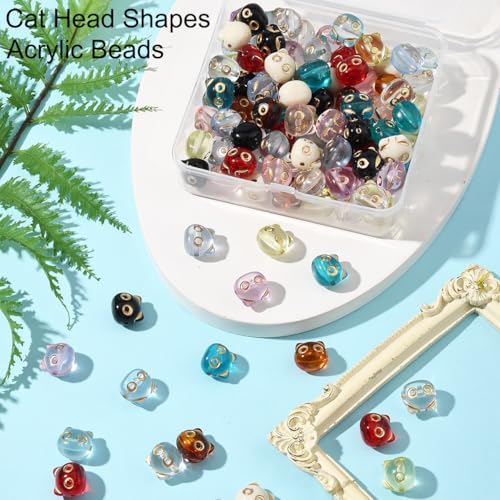 110Pcs Acrylic Cat Head Shapes Mini Cute Beads for DIY Jewelry Bulk Metal Enlaced Cat Animal Spacer Beads for Bracelets Necklaces Earrings Making and Crafting - color: Cat Head- 110 pcs
