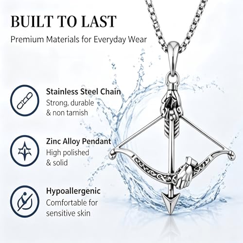 Cross Bow and Arrow Necklace for Men, Non Tarnish Durable Stainless Steel Necklace 24inch with Zinc Alloy Crucifix Pendant for Male, Archery Jewelry Accessories Gift for Valentines Day for Boyfriend and Husband