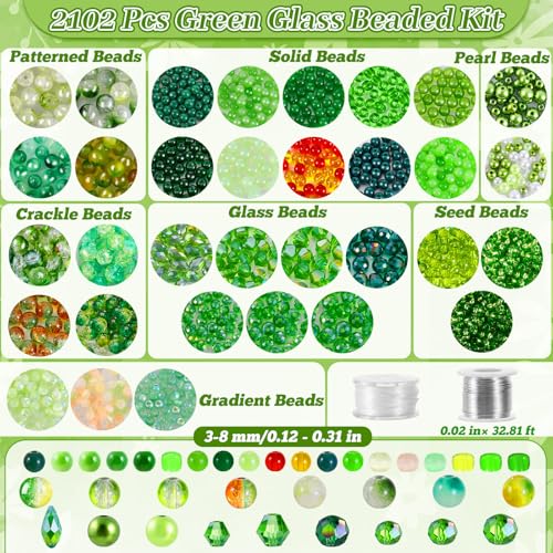 2102 Pcs Green Glass Beads for Bracelets with Elastic String,Green Beads for Beaded Plants,6mm Glass Beads for Jewelry Making Crystal Round Beads for Bracelet Necklace Beaded Plant DIY Crafts
