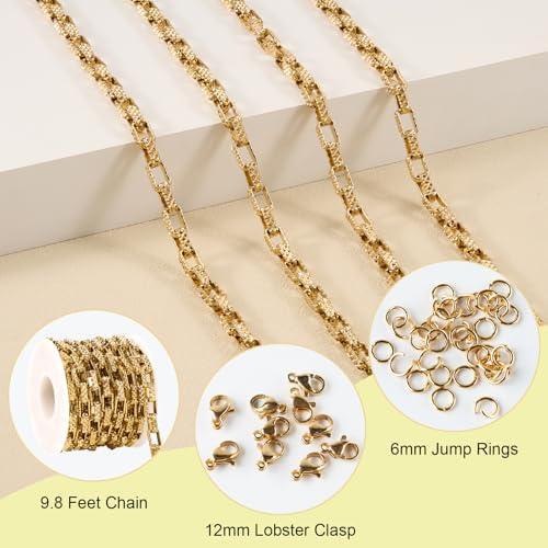 SMYHTGLIF 9.8 Feet Embossed Gold Box Chain for Jewelry Making Stainless Steel Chain Bulk Roll Square Paperclip Link Jewelry Findings - color: Box Gold