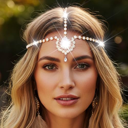 Catery Head Chain Jewelry Boho Gold Rhinetsone Headpiece Indian Accessories for Women - color: Gold