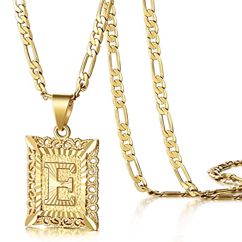 KissYan Initial Letter Pendant Necklace for Men Women, 14K Gold Plated Square Capital Monogram Necklace Alphabets from A-Z Figaro Chain Jewelry - color: 1-Gold, style: E