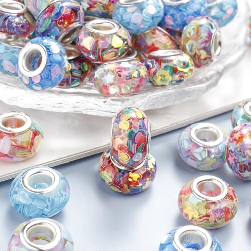 PIPITREE 40PCS Acrylic Beads 9 * 14mm Focal Beads for Pens Acrylic Flat Bulk Sequin Bead AB Mixed Color 6mm Large Hole Bead for Keychains Beadable Pens DIY Crafts Jewelry Making & Gift Giving - color: Sequin