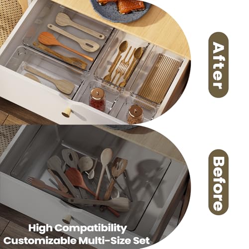 27 PCS Clear Plastic Drawer Organizer Set, 4 Sizes Acrylic Drawer Storage Trays Non Slip Storage Bins for Makeup, Jewelry, Gadgets for Kitchen, Bedroom, Bathroom, Office - style: 27 PCS with 4 sizes