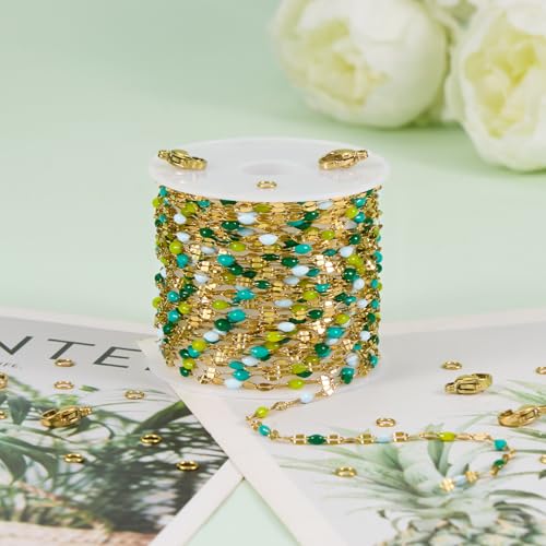 UMAOKANG 16.4 Feet Mixed Green Enamel Jewelry Making Chain Gold Plated Stainless Steel Chains Bulk on Spool - color: Gold-Green Colorful