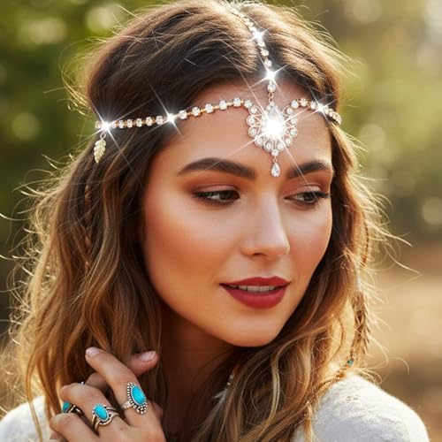 Catery Head Chain Jewelry Boho Gold Rhinetsone Headpiece Indian Accessories for Women - color: Gold