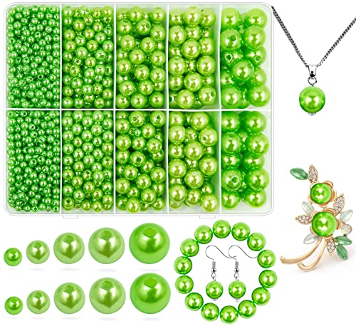 Grass Green Pearl Beads for Jewelry Making, 1750pcs Green Pearl Craft Bead with Hole 4mm 6mm 8mm 10mm 12mm Loose Spacer Bead for Necklace Bracelet Earrings Choker Wedding Dress Decor - color: Grass green