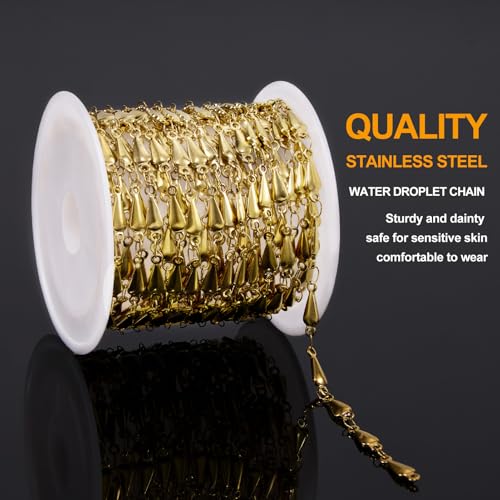 KYUNHOO 4 Meters Stainless Steel Chains for Jewelry Making Small Water Drips Link Chain Spool Gold Plated DIY Jewelry Bulk with Connectors for Women Men Make Handcrafts - color: Drop Gold