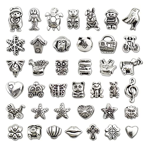 JIALEEY Wholesale Bulk Mix Tibetan Silver Tone Color Spacer Loose Beads Fit European Charm Bracelet Lot for Jewelry Making Findings DIY, 100Gram/38 Pcs