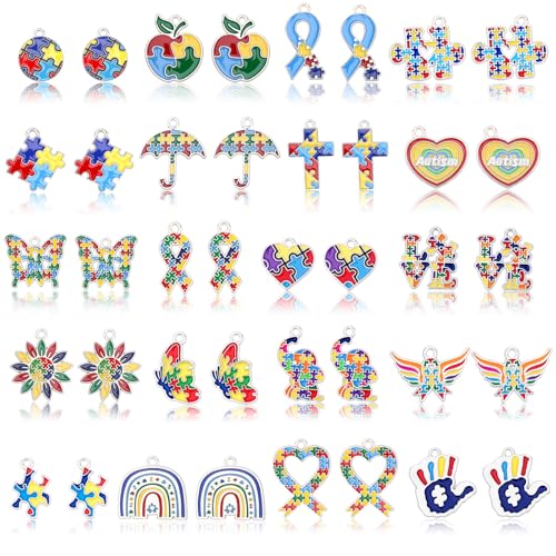 MARFOREVER 40Pcs/20 Pairs Autism Awareness Charms, Autism Charm for Jewelry Making, Autism Alloy Puzzle Pendants for Bracelet Necklace Earrings Making Accessories Autism Awareness Stuff - style: Autism Awareness