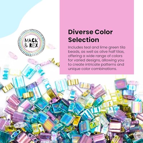 Mack and Rex Tila Bead Mixes (Mermaid) – Full Tila, Half Tila, Quarter Tila – Includes Purple, Teal, Turquoise, and Iridescent Clear Tila Beads with a Rainbow Finish, Teal and Lime Green and Olive - color: Mermaid, size: 5mm, 6mm