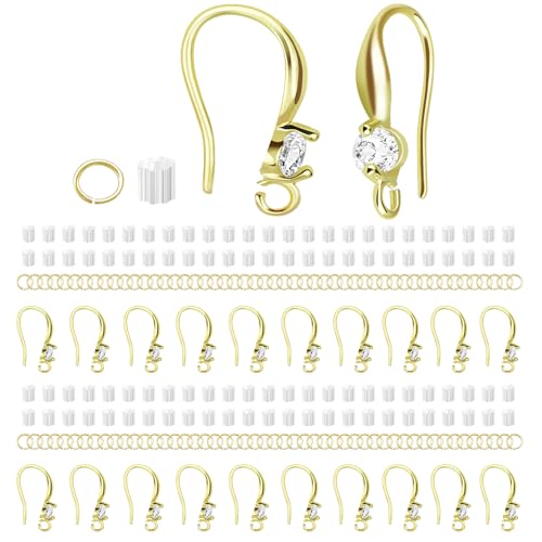 Earring Hooks for Jewelry Making, 14K Gold Plated Earring Hooks with with Cubic Zirconia Hypoallergenic Ear Wire for DIY Earrings 220PCS - color: 14K Gold-Big Cubic Zirconia Earring Hooks