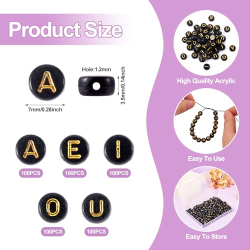 FASHEWELRY 500Pcs Acrylic Vowel Letter Beads 7x3.5mm Black Golden Alphabet Beads Flat Round Letter AEIOU Initial Bead for Jewelry Making Name Bracelets Necklaces Key Chains - color: Round Vowel