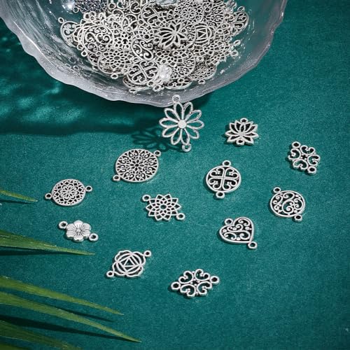 PH PandaHall 120pcs Tibetan Pendent 12 Style Antique Filigree Pendants Alloy Connector Teardrop Heart Lotus Shaped Linking Decoration Pendants for Bracelet Necklace Earring Jewelry Making Diwali