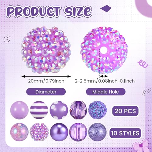 Ferreve 20 Pcs Chunky Bubblegum Beads 20mm Focal Pen Large Rhinestone Pearl Beads for DIY Beadable Pen School Jewelry Making Keychain Craft Making(Light Purple) - color: Light Purple