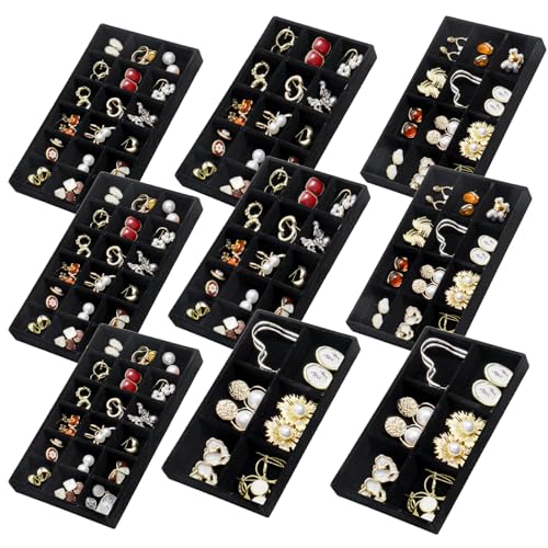 SPAKOWN Jewelry Organizer for Drawer Set of 9, Velvet Jewelry Tray Stackable Jewelry Organizer Display Trays Divided Earring Storage Containers (Black) - color: Black