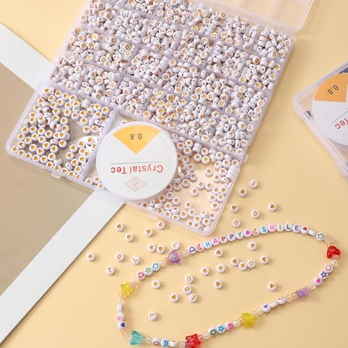 Acrylic Letter Beads 4mm Flat Round, 6mm Square - Beads for Making Friendship Bracelet or Necklace (26 Pieces of Flat Round White with Yellow) - color: 26 pieces of flat round white with yellow