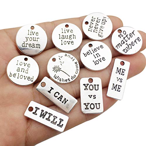 30pcs Inspiration Words Charms Craft Supplies Mixed Pendants Beads Charms Pendants for Crafting Jewelry Findings Making Accessory for DIY Necklace Bracelet (Antique Silver)