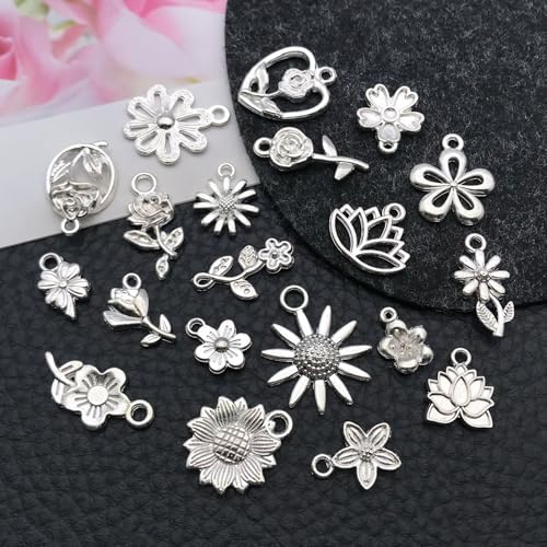 WOCRAFT 60pcs Bright Silver Flowers Bracelet Charms for Jewelry Making Sets DIY Necklace Bracelet Keychain Crafting Charms Kit Craft Supplies (SN879) - color: Bright Silver, size: Flowers Charms