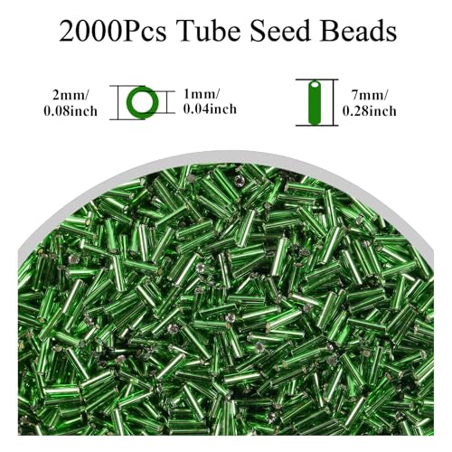 2000Pcs Tube Seed Beads 2x7mm Mini Long Glass Bugle Bead Small Craft Loose Spacer Beads for DIY Phone Charms Waist Bead Bracelets Earrings Necklaces (Dark Green) - color: Dark Green