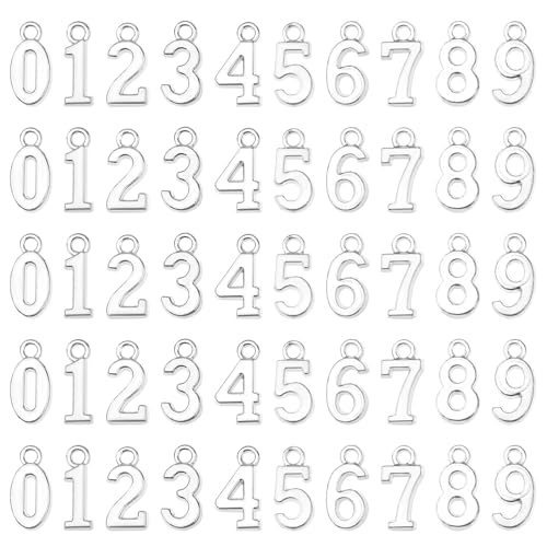 KALIONE 50Pcs Metal 0-9 Number Charm Pendants 0-9 Charms for DIY Craft Keychains DIY Jewelry Making Accessories - color: Silver