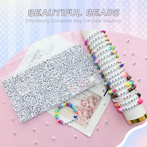 Looconi 1600pcs 31 Styles Acrylic Beads Letter Smiley Star Number and Heart Beads 7x4mm Black Alphabet on White for Jewelry Making - color: White