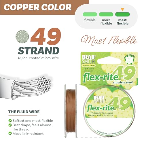 The Beadsmith Flex-Rite Beading Wire - 49-Strand Nylon-Coated Stainless-Steel Wire, 0.018" (0.45 mm) Dia, Copper, 30 ft Spool, Durable Necklace & Bracelet String, for Jewelry Making Supplies - color: Copper, size: .018” Dia - 30 ft