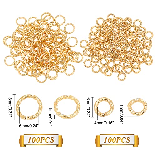 PH PandaHall 200pcs 18K Gold Plated Jump Rings 6mm/8mm Twisted Open Jump Rings 18 Gauge Golden O Ring Brass Round Connector Ring for Bracelet Necklace Earring Keychain DIY Jewelry