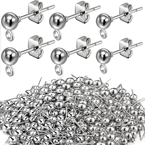 180 Pieces Ball Post Earring Stud with 200 Pieces Butterfly Back Earrings with Loop for DIY Jewelry Making Findings, 4 mm 5 mm 6 mm(Sliver) - color: Sliver