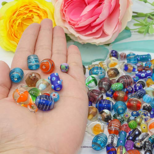 Assorted Glass Beads for Jewelry Making Adults, Bulk Glass Beads for Crafts, Lampwork Murano Bead Mix for Bracelets and Necklaces, Crafting Beads Supplies Kit, Large & Small Beads