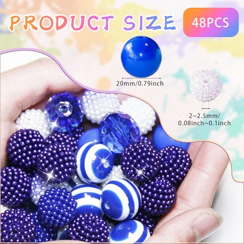 48 Pcs 20mm Beads for Pens Bubblegum Bead Blue Crystal Acrylic Round Chunky Beads Sparkly Large Balls Bead for Pen Beadable Keychain Bracelet Necklace DIY Jewelry Making Supplies - color: Blue Color