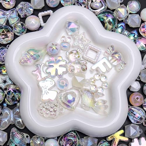 BONNY BOXX 100g Mixed Premium UV-Coated Iridescent Acrylic Beads, Bulk Pastel Color Craft Beads for Jewelry Making, DIY Bracelets, Necklaces, Earrings, Keychains, Resin Art, Pen Decor (White) - color: White