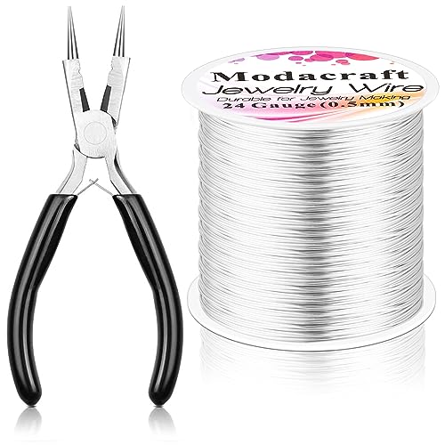 Modacraft 24 Gauge Wire for Jewelry Making with 4-in-1 Pilers, 213.3 FT/0.5 mm Craft Wire Tarnish Resistant Copper Beading Wire for Jewelry Making Supplies and Crafting (Silver) - color: Silver, size: 24 Gauge