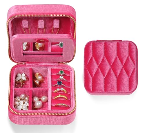 Velvet Jewelry Box – Travel Jewelry Case Organizer with Mirror, Adjustable Compartments for Women | Luxury Storage Case & Gift for Her - BarbiePink - color: Barbie Pink