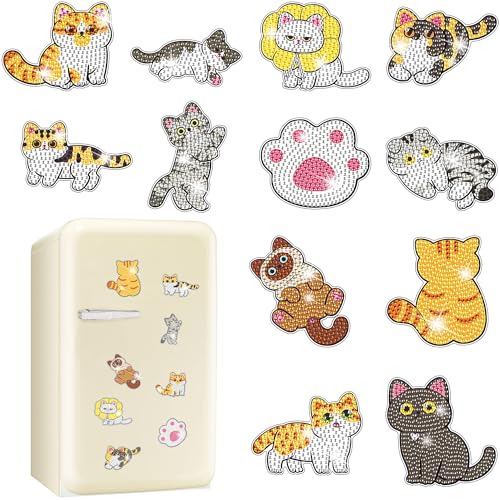 Vcekract 12 PCS Diamond Art Kits for Adults, Diamond Art Refrigerator Magnets, Cat Diamond Art Kits, Diamond Painting Kits for Home Decor - color: Cat