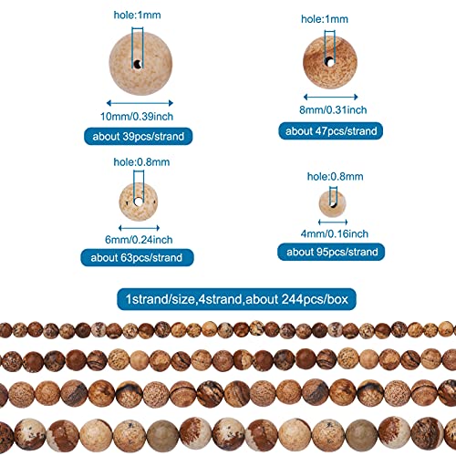 Craftdady 4 Strands Natural Picture Jasper Beads 4mm-8mm Polished Round Healing Energy Gemstone Loose Beads for DIY Bracelets Necklaces Earrings Jewelry Crafts, Total About 230pcs - color: Brown Picture Jasper