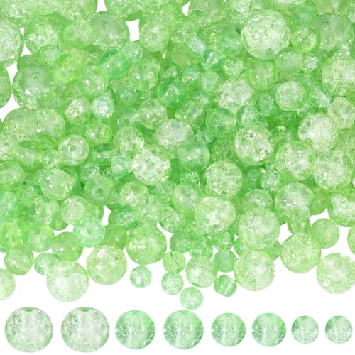 1 Box 450PCS 4/6/8/10MM Light Green Crackle Glass Beads with Holes Round Crack Smooth Patrick Sparkle Spacer Loose Bead Bulk for Jewelry Making Necklace Bracelet Earrings DIY Craft Supply - color: Green