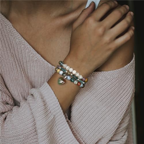 Vinswet Healing Crystal Beaded Bracelets for Women,Natural Amethyst Gemstones Bracelet,Anxiety Stress Relief Heart Charm Bracelet Handmade purple Jewelry Gifts for Women - color: Indian agate&Moonstone