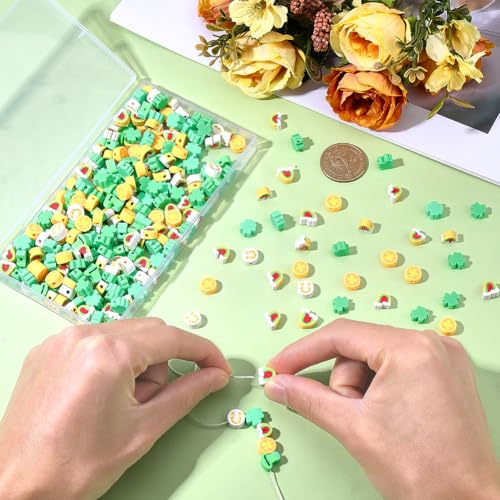SUNNYCLUE 1 Box 300pcs St Patricks Day Clay Beads Clover Shaped Beads Green Irish Three Leaf Clover Horseshoes Shape Polymer Clay Heishi Disc Bead for Jewelry Making Supplies Holiday Festival Gifts - style: Style 1