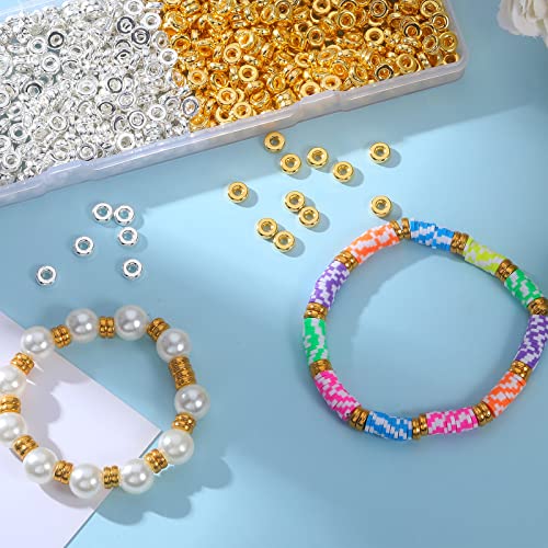 800 Pcs 6mm Flat Spacer Beads for Jewelry Making, Rondelle Disc Beads Bulk, Gold & Mixed Color Bead Spacers for Bracelets Necklaces DIY Crafts(Gold, Silver) - color: Gold, Silver